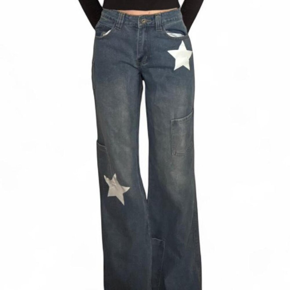 Blue denim jeans with star patches